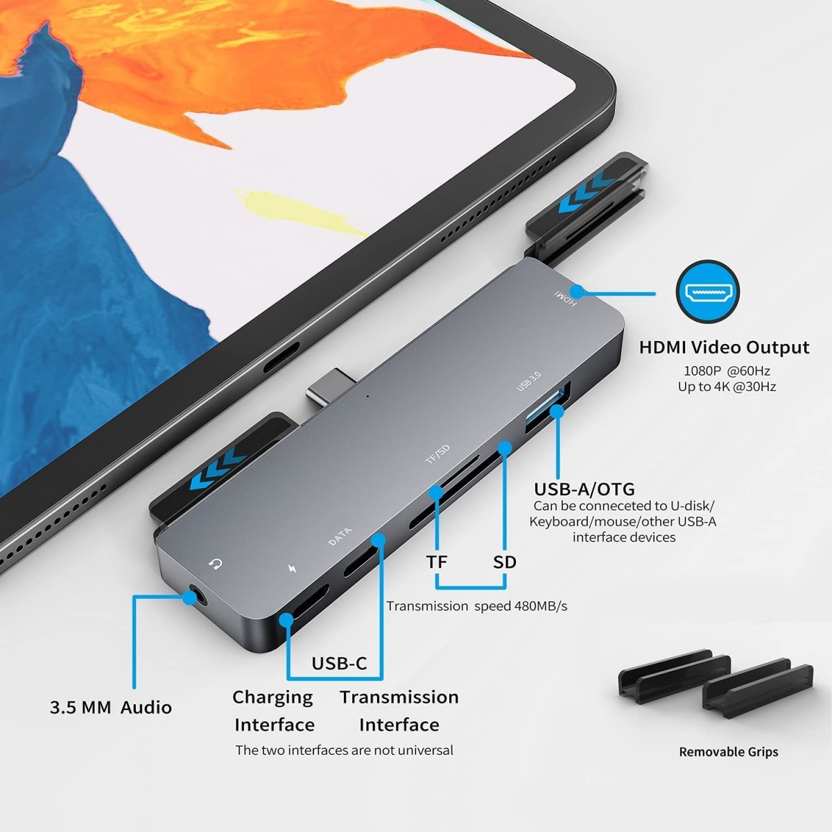 Hub USB Type-C pour iPad Pro 2018, adaptateur 7 en 1, station d'accueil avec chargement USB-C 60W PD, prise en charge 4K HDMI, U